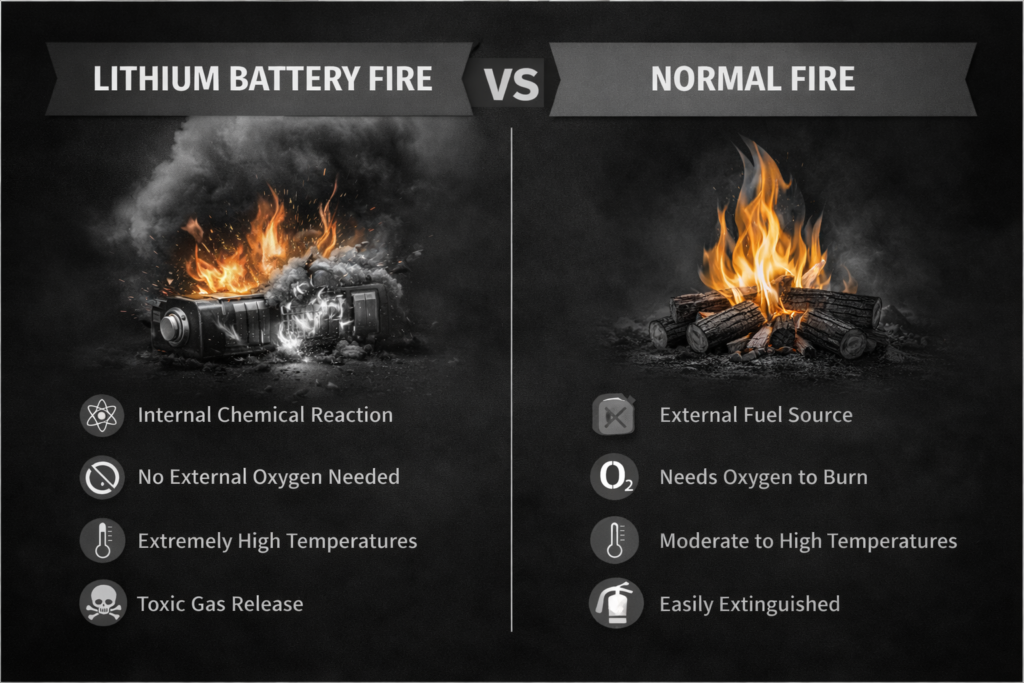 Lithium Battery Fire vs Normal Fire showing side-by-side comparison of lithium-ion battery fire and traditional fire behavior