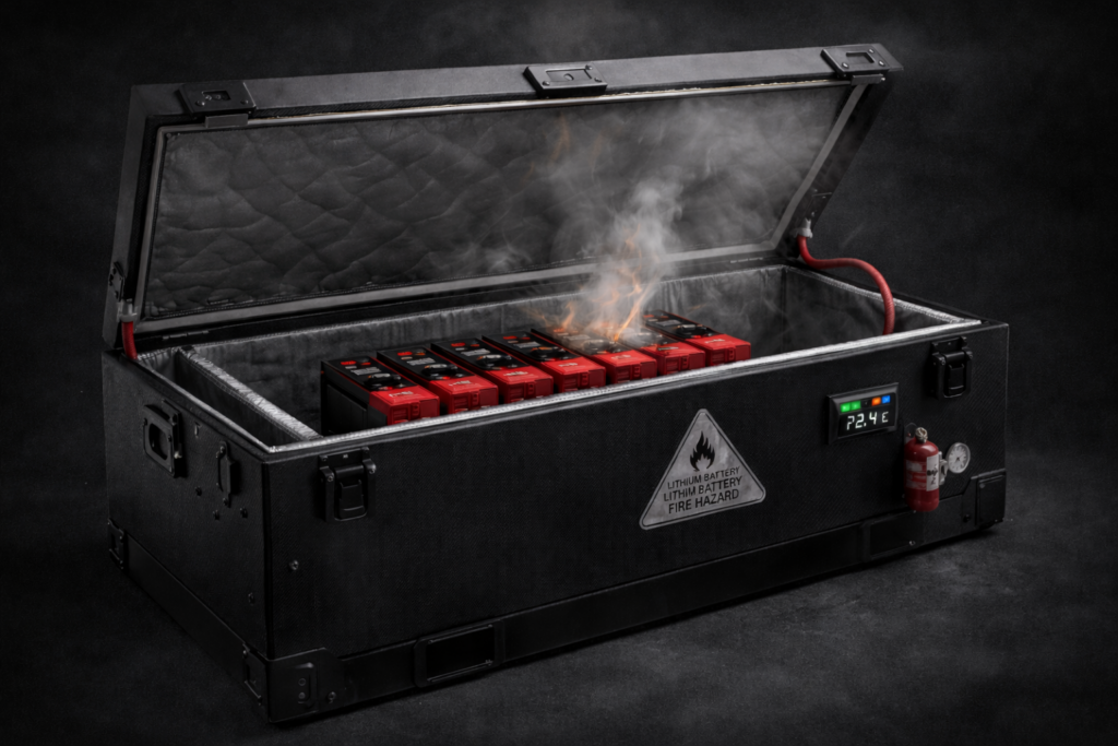 Fire-resistant lithium battery containment storage box designed to control lithium battery thermal runaway and prevent fire spread
