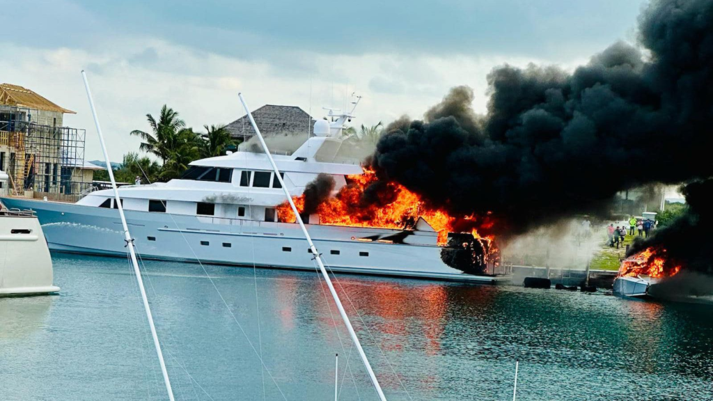 Confined yacht engine room environment showing conditions that require safely containing lithium battery fires on yachts